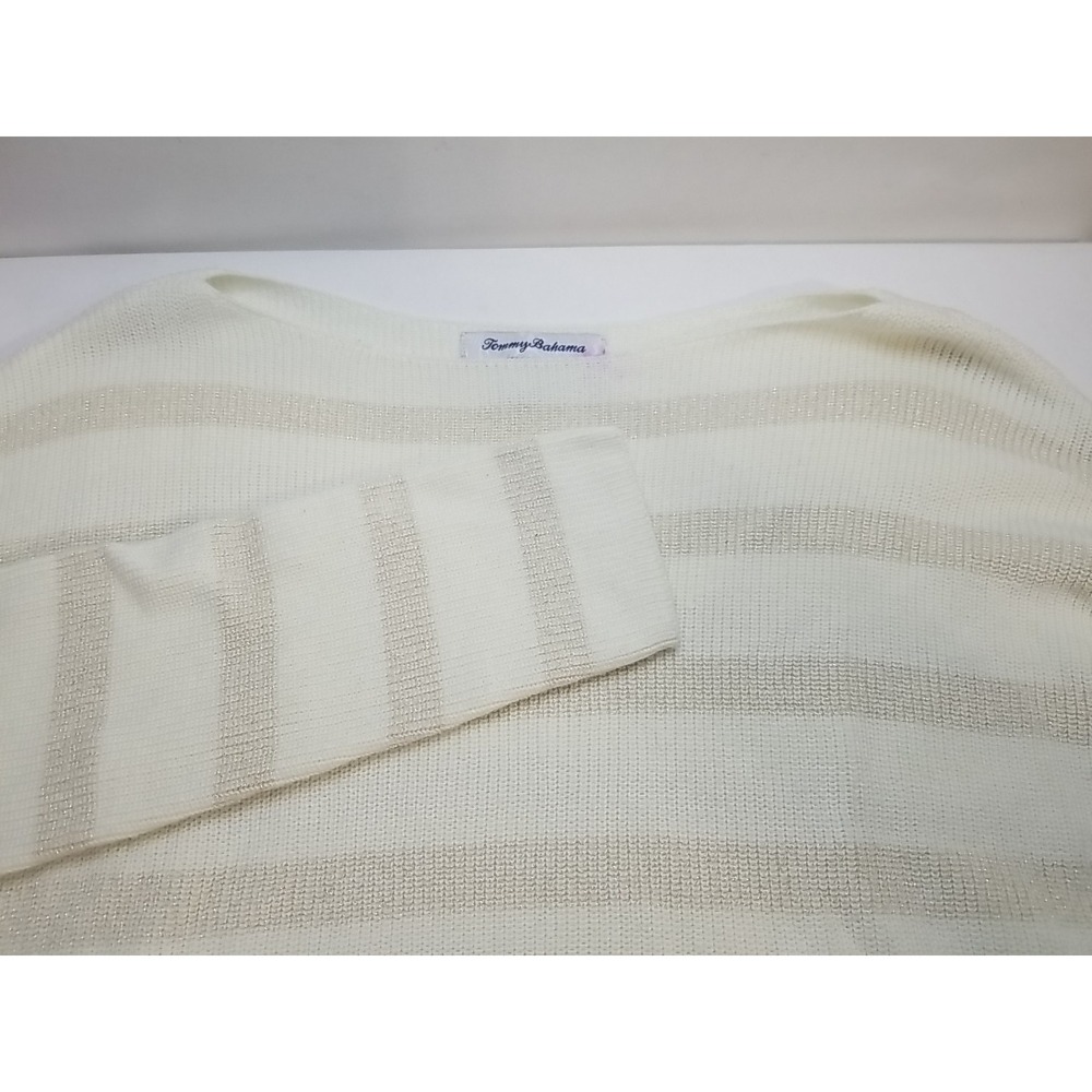 Tommy Bahama Womens Sweater M Medium‎ White Striped Pullover Long Sleeve Scoop